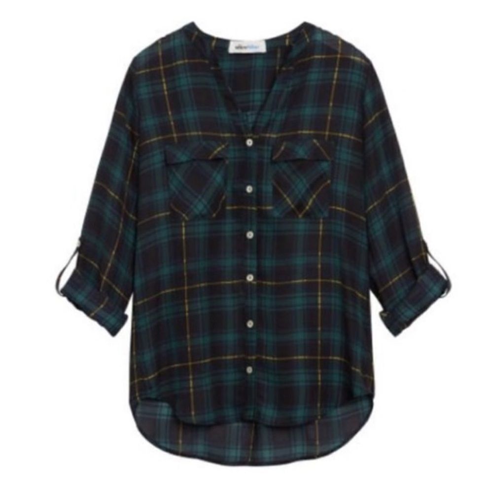 aliceblue x Stitch Fix L Green BlackโGold Plaid Button Down Long Sleeve Blouse